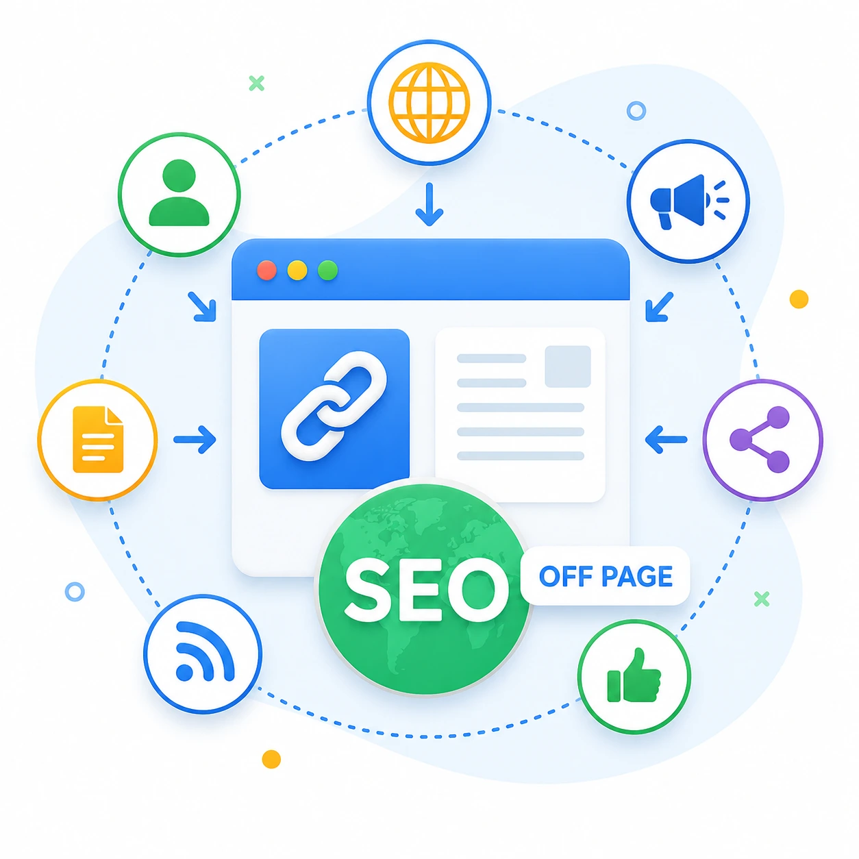 Off-Page SEO illustration featuring a central website page connected to multiple external signals, including backlinks, social media sharing, online mentions, content distribution, and brand authority. The design uses bright colors, a clean white background, and modern SEO-themed icons to represent external ranking factors.
