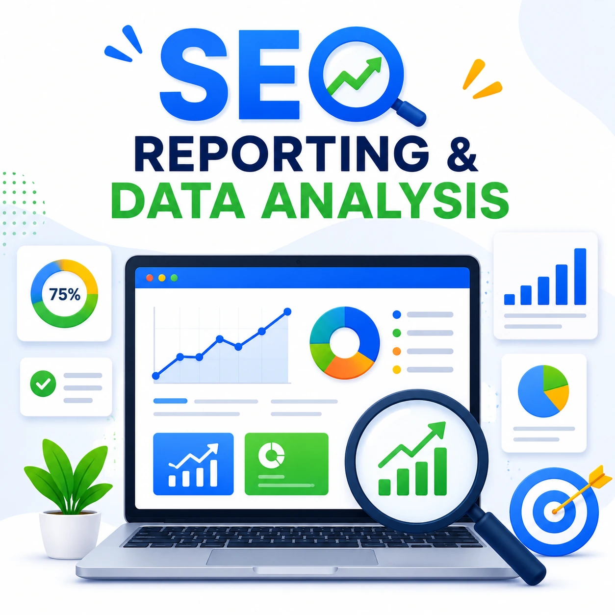 SEO Reporting and Data Analysis illustration featuring a laptop dashboard with charts, graphs, performance metrics, and analytics tools used to track SEO growth and website performance.