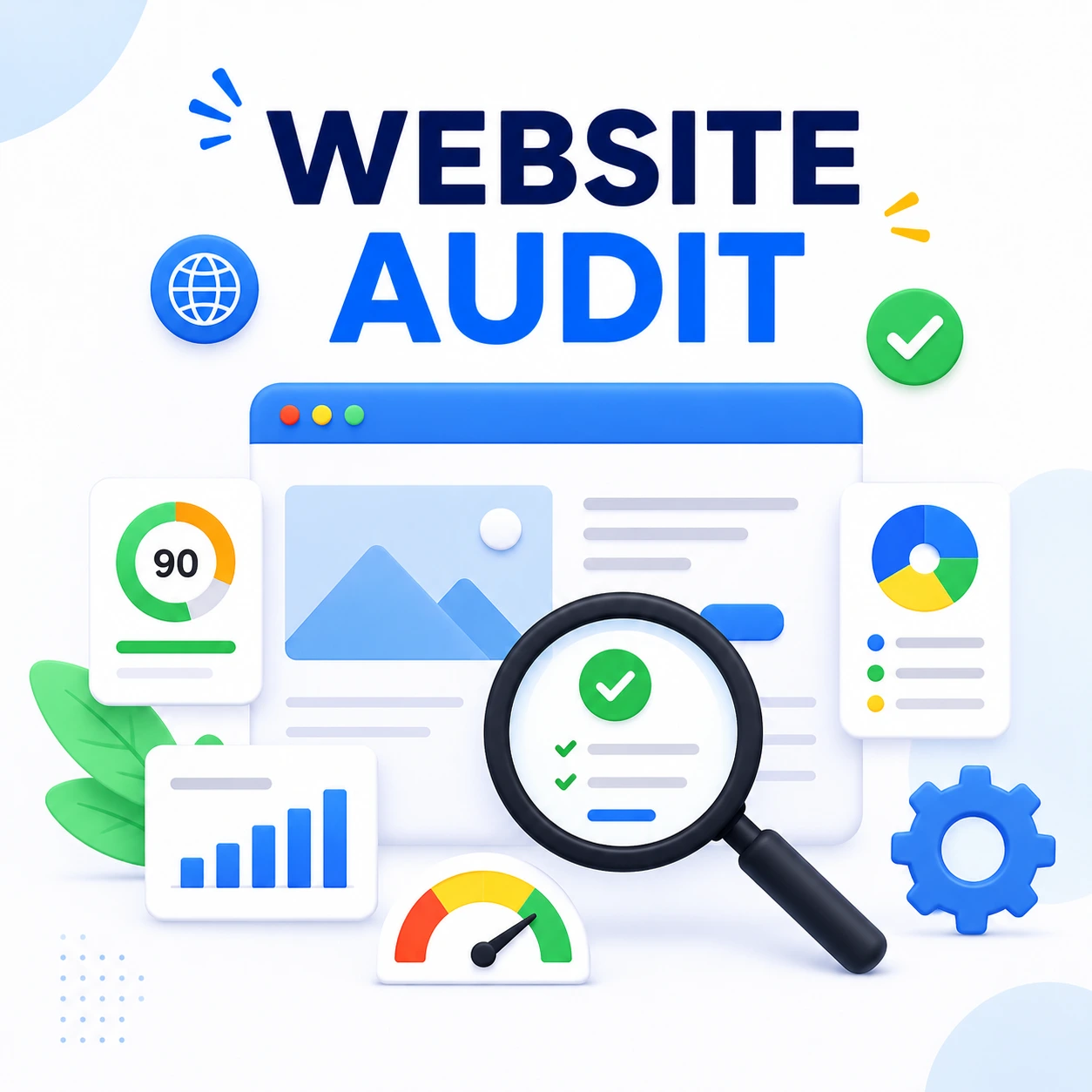 Website Audit illustration featuring a website dashboard, magnifying glass, performance score, analytics charts, and optimization checklist on a clean modern background.